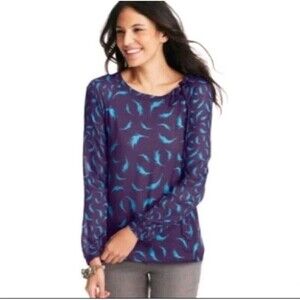 Loft‎ M Purple Feather Print Blouse Office Career Boho Western Gypsy Hippie 159